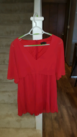 red cape pleated detail skater dress